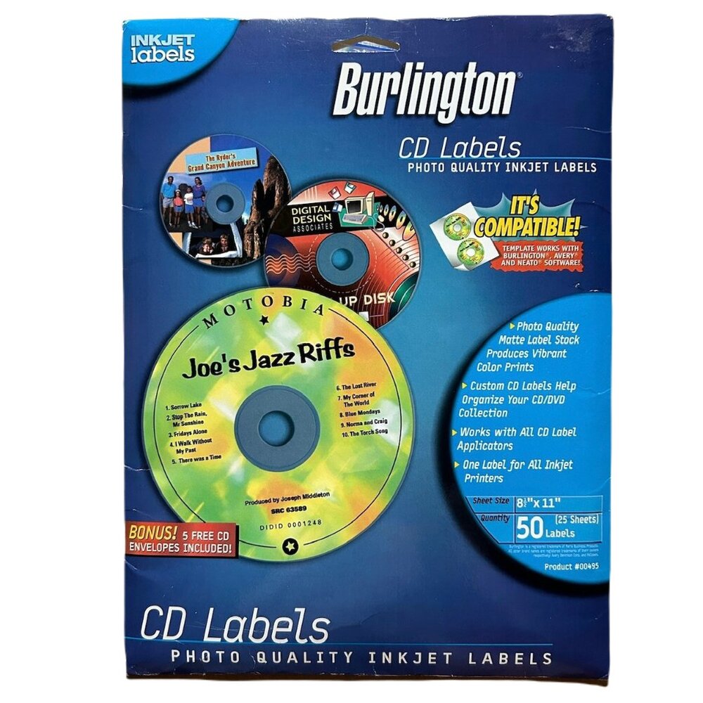 Burlington CD/DVD Photo Quality Inkjet Labels, 25 Sheets 50 Labels Pack